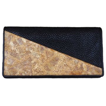 Genuine Stingray Bifold Leather Purse With Gold Cocoon - Black